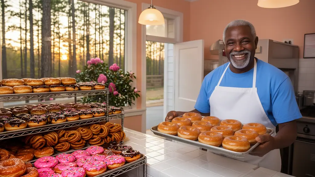 A smiling baker holds a tray of fresh glazed doughnuts beside racks of frosted doughnuts in his shop at dawn.